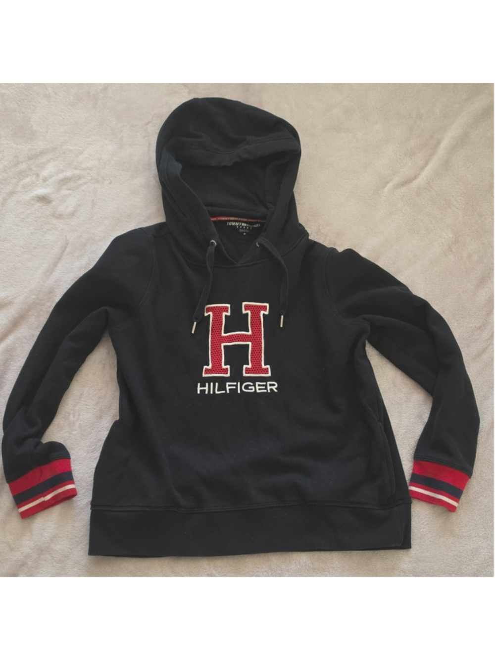 Tommy Hilfiger Sport Hoodie Mens Size M Black Varsity H Logo Sweatshirt